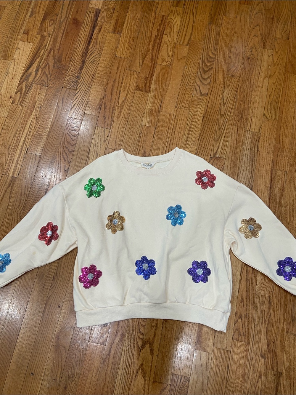 Peach Love Small Cream Sequin Flower Sweatshirt